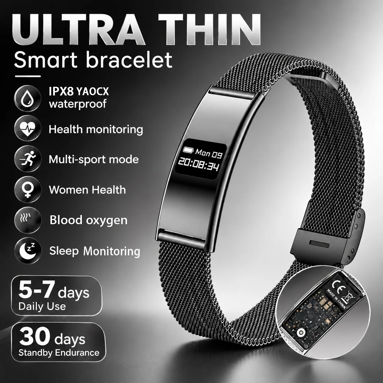 Smart Bracelet  IPX8 Waterproof  Heart Rate Oxygen Pressure HRV Female Cycle Sport Sleep Monitor Steps APP Sync Smart Bracelet