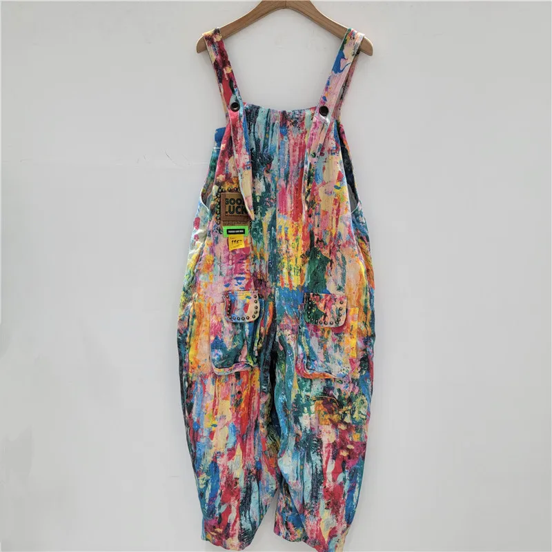 

Women Hand Painted Washed Denim Overalls High Waisted Rainbow Color Graffiti Jeans Jumpsuit Sleeveless Suspender Cowboy Rompers