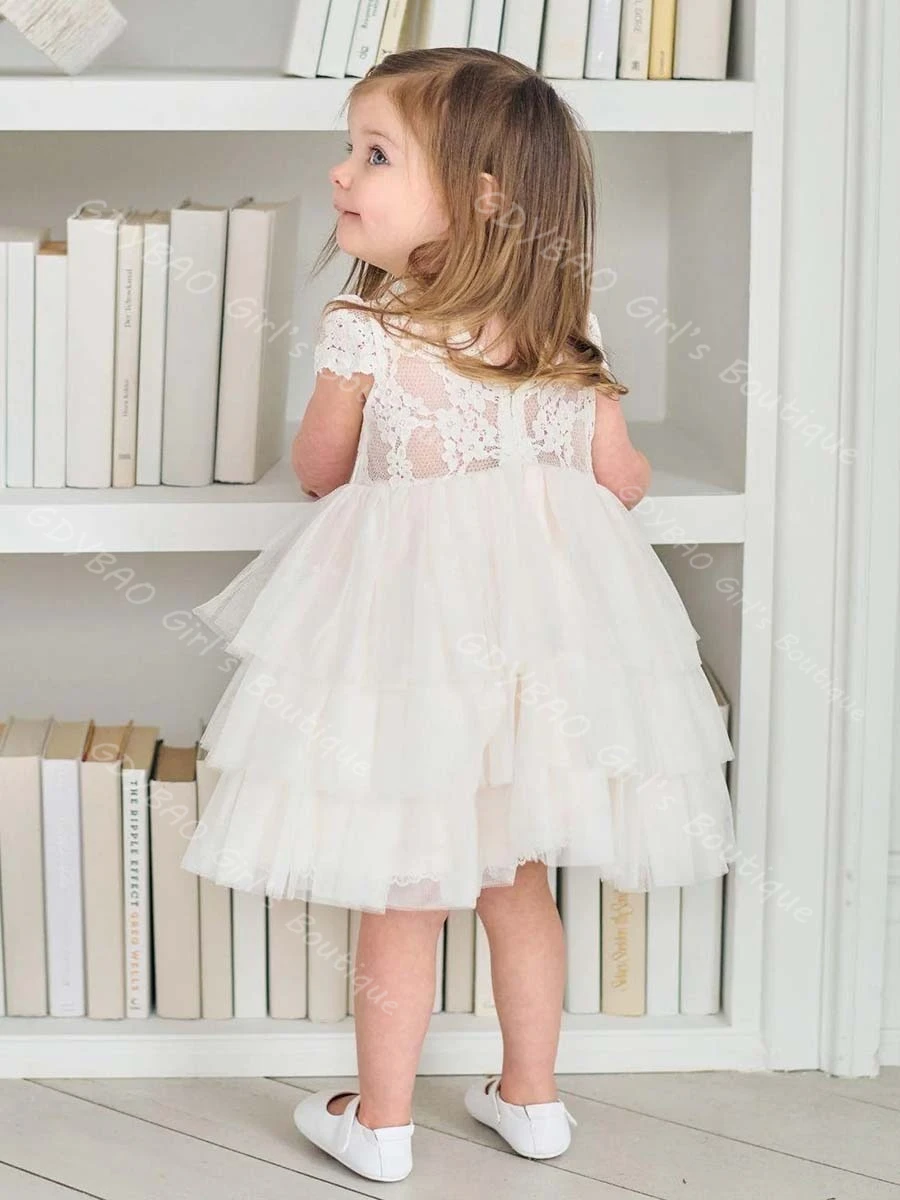 

Little Girls First Communion Dress Lace Sleeve Tiered Tulle Flower Girl Dress 0-14 Kids Customized Christening Pageant Ball Gown