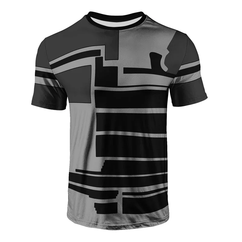Modisches Herren-T-Shirt mit geometrischem Druck in Schwarz und Grau, abstraktes Blockmuster, lässige Kurzarm-Oberteile