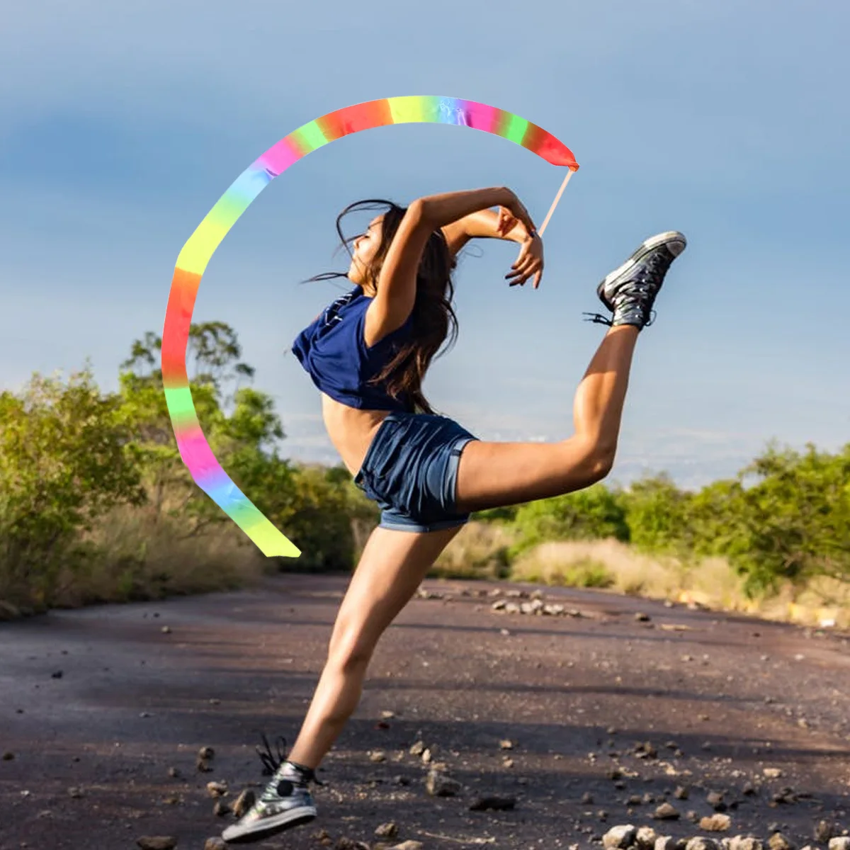 

2Pcs Gymnastics Streamers Satin Dance Ribbons Rainbow Colors Wooden Handle Twirling Rods for Ballet Party Training Exercise