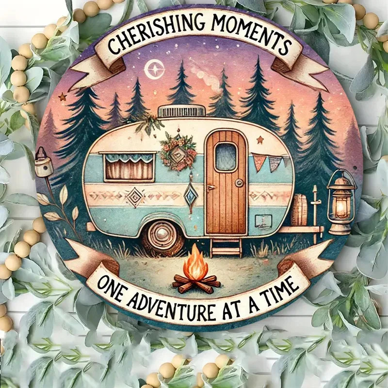 1pc Rustic Vintage Camper Trailer Metal Sign, 20.32x20.32 cm Iron Wall Hanging Plaque with Cheshire Moments Quote, Multifunction