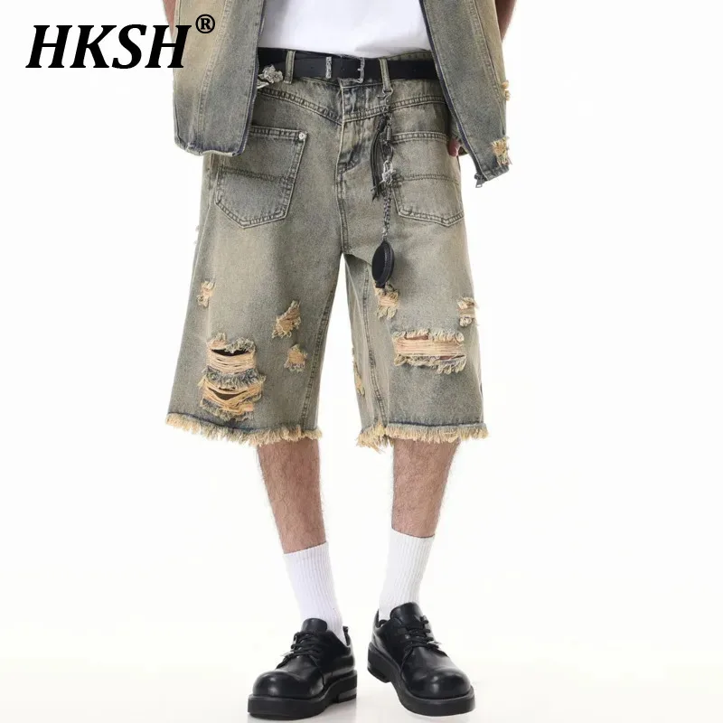 

HKSH Summer New Men Tide High Street Элегантные модные потертые джинсовые брюки Нишевые шикарные повседневные широкие шорты средней длины Ins HK6247