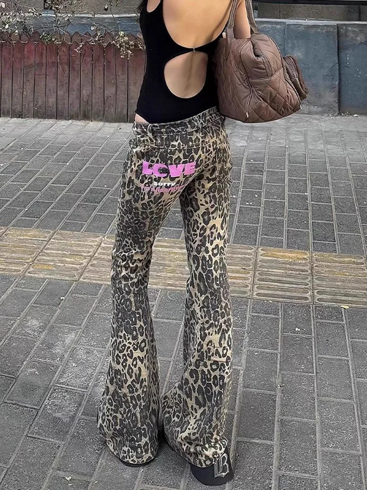 Jean da donna con stampa leopardata Jeans a vita bassa American Retro Gyaru Coquette Coquette Y2k giapponese anni 2000 High Street Harajuku Goth