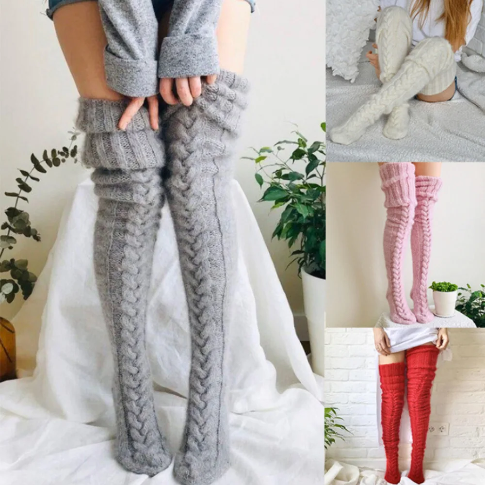 Women\'s Stockings Wool Foot Warmers Fashion Lady Stockings Cute Autumn Winter Solid Color Thigh-high Socks Acrylic Fibers