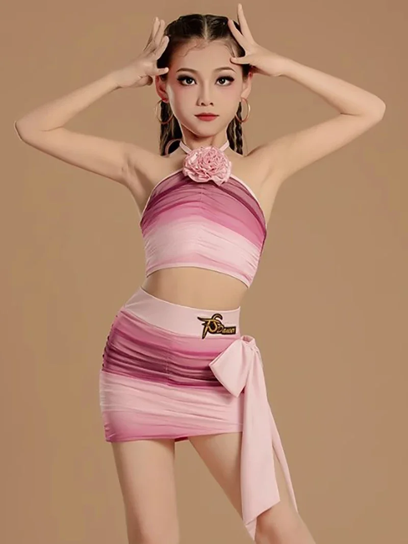 Costume d'entraînement de danse latine pour enfants, gilet en poudre rouge dégradé, haut et jupes, ensemble de vêtements de danse pour spectacle de compétition