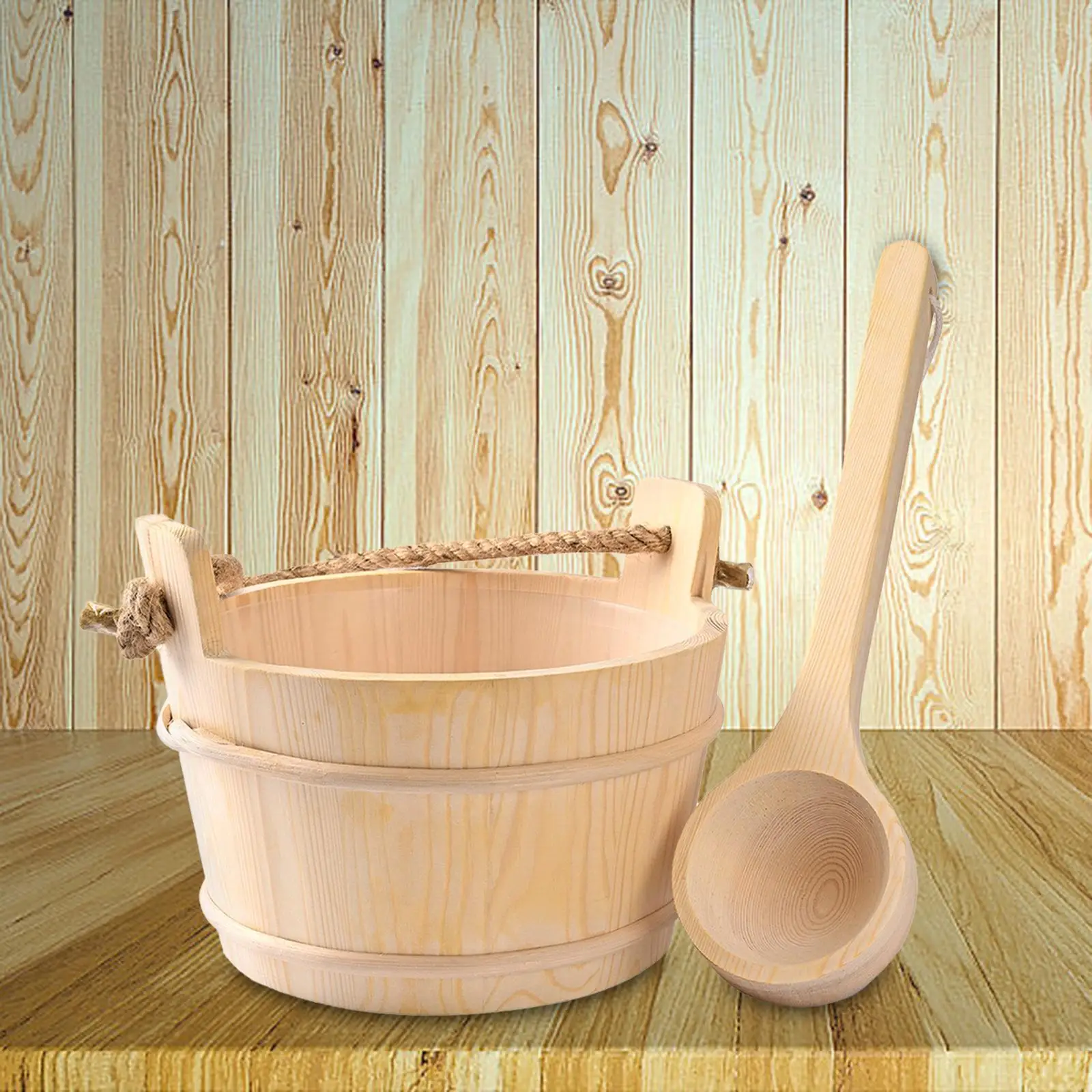 Wood Sauna Bucket and Ladle SPA Steaming Bathroom Tool Tub Barrel Multipurpose 4L Large Capacity, SPA Accessory for Bath