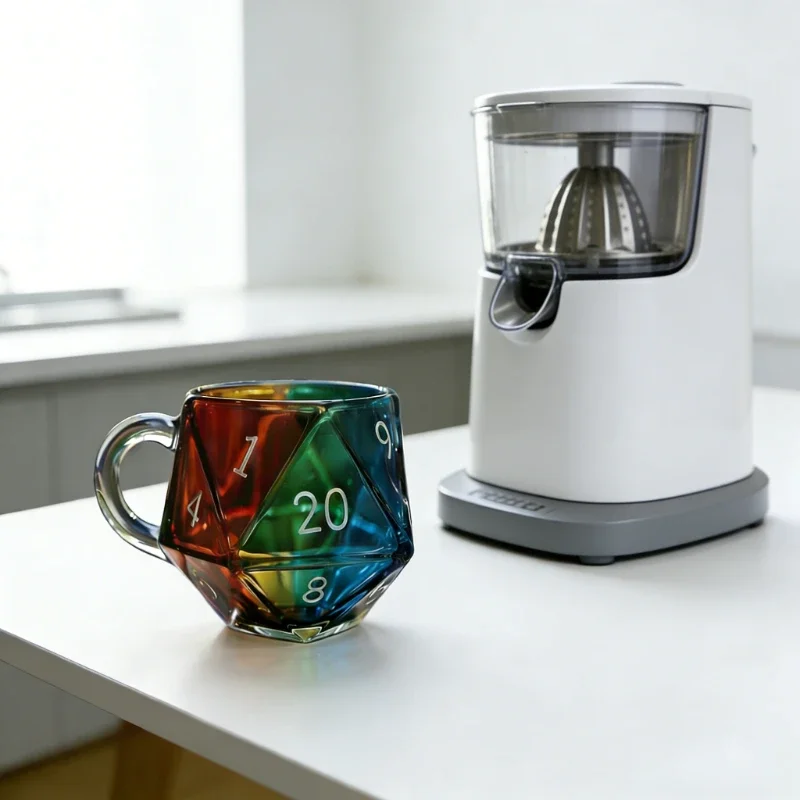 Clear Glass Polyhedral Dice Mug with Handle, Fantasy Game Night Cup, Unique Gift for Gamers