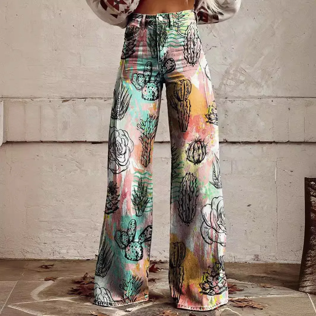 

Women's Fashion Casual Pants, Thin Imitation Jeans, Wide-leg Trousers European American Foreign Trade Large Size