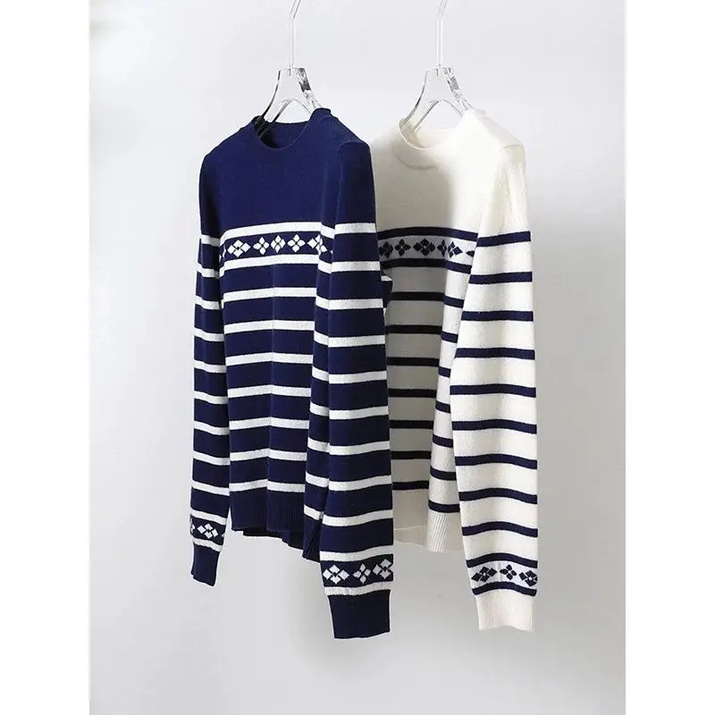 Women\'s Clothing Korean Fashion Striped Long Sleeve All Match Knitwear Spring Autumn Casual O Neck Loose Basic Tops Chic Jumpers