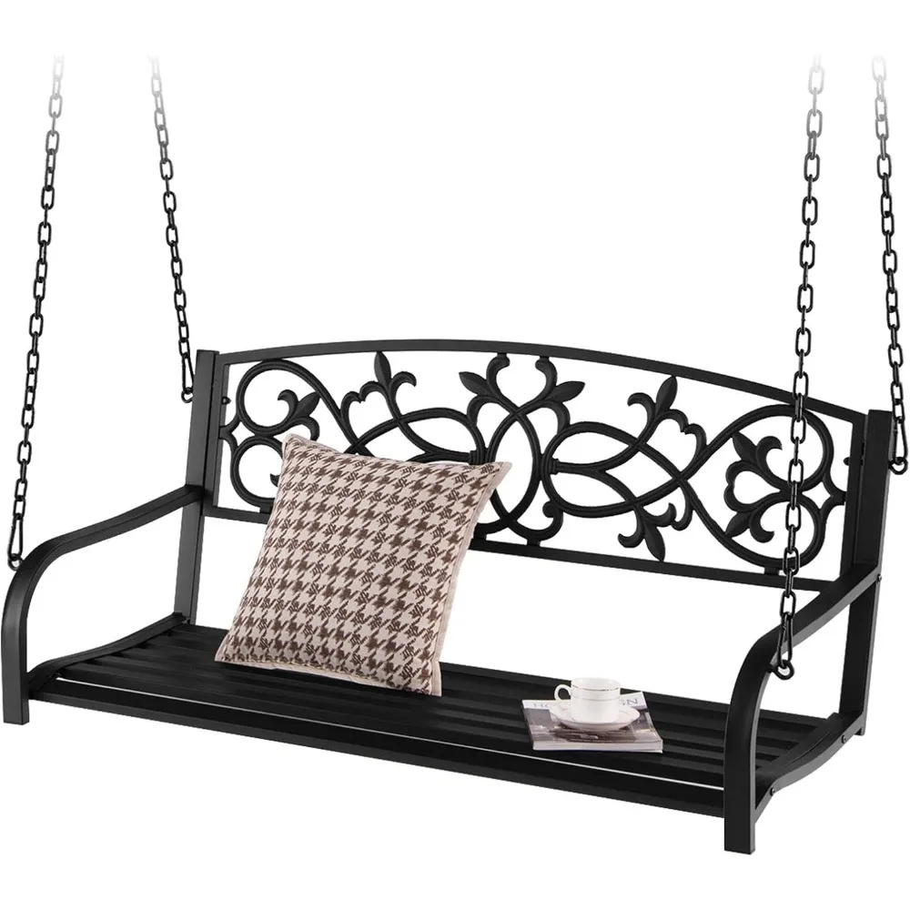 

2 Person Porch Swing, Hanging Patio Swing Bench with Chains, Backrest & Armrests, Classic Outdoor Metal Swing Chair wit