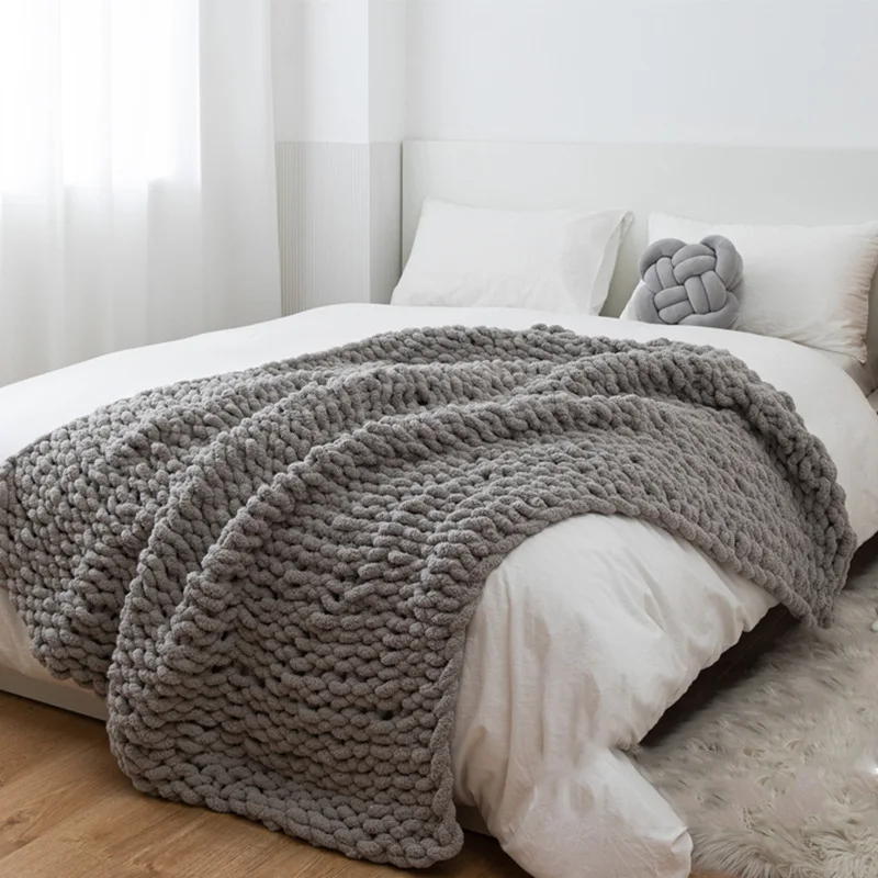 

Chenille Coarse Wool Knitted Blanket Nordic Style Sofa Bed Decorative Blanket Solid Color Hand-woven Cover Blankets