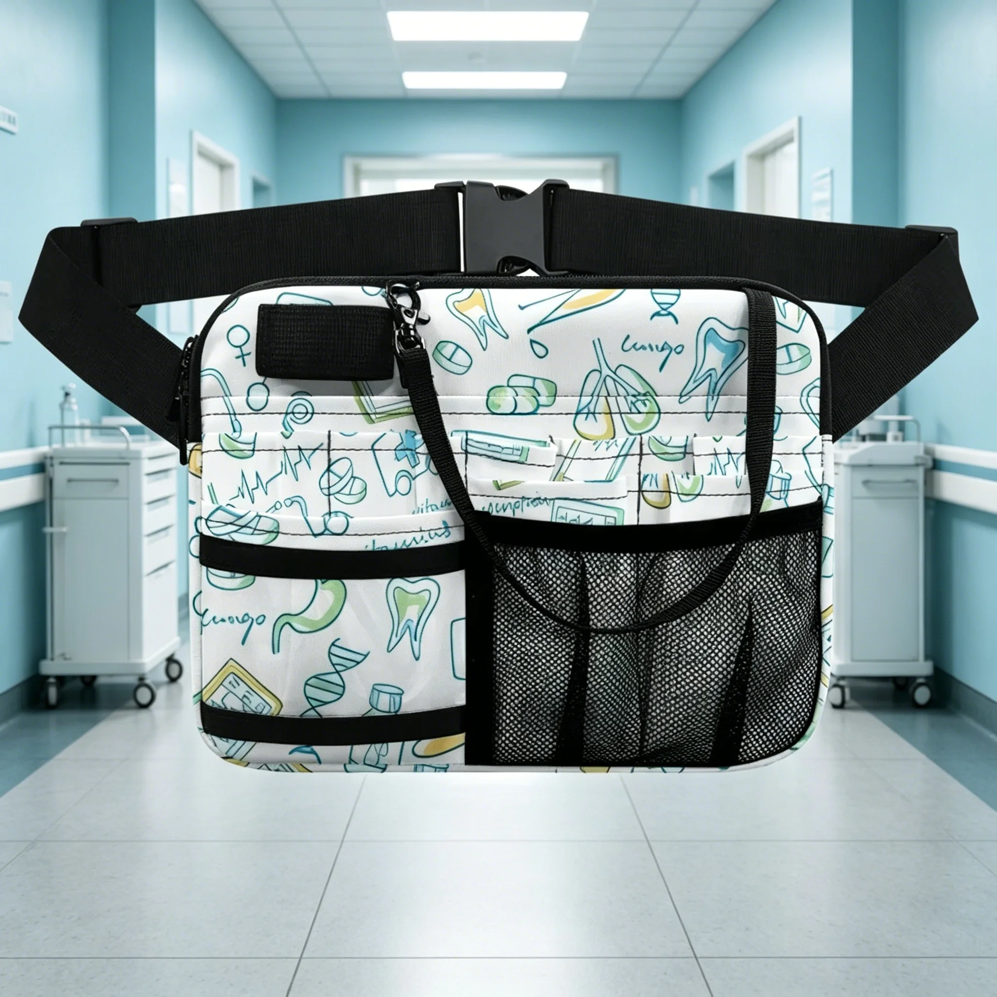 

Cute Dental Theme Waist Bag Cartoon Teeth Print Fanny Pack with Multi-Pockets, Belt Organizer for Dentist Hygienist Clinic Work