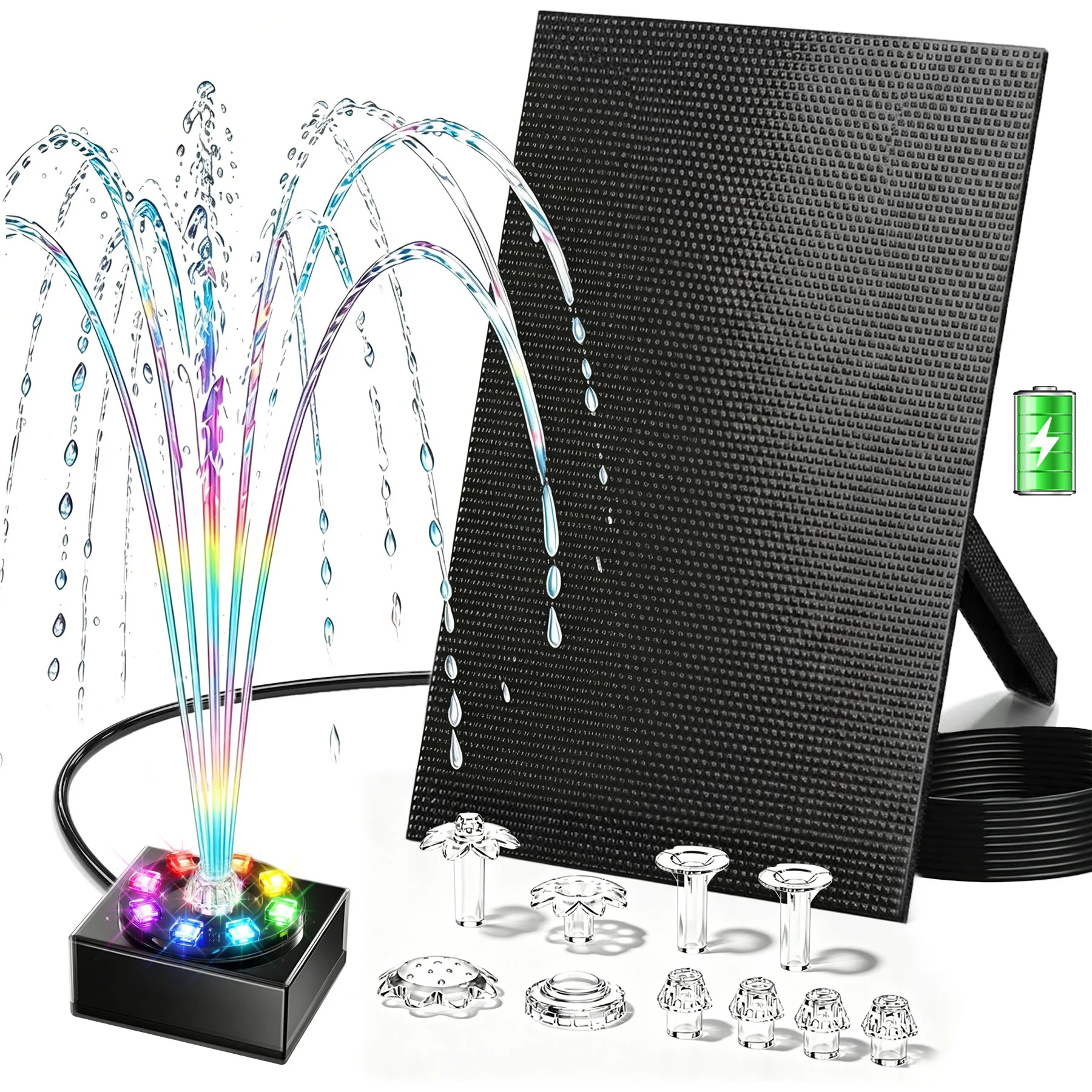 8W Teichpumpe solar für Draussen, 1800mAh Solarbrunnen für Draussen mit Akku für Vogelbad kleinen Teich Wasserspiel- Solar Springbrunnen 10 Fontänenstile 8 bunte LED für DIY Gartenliebhaber