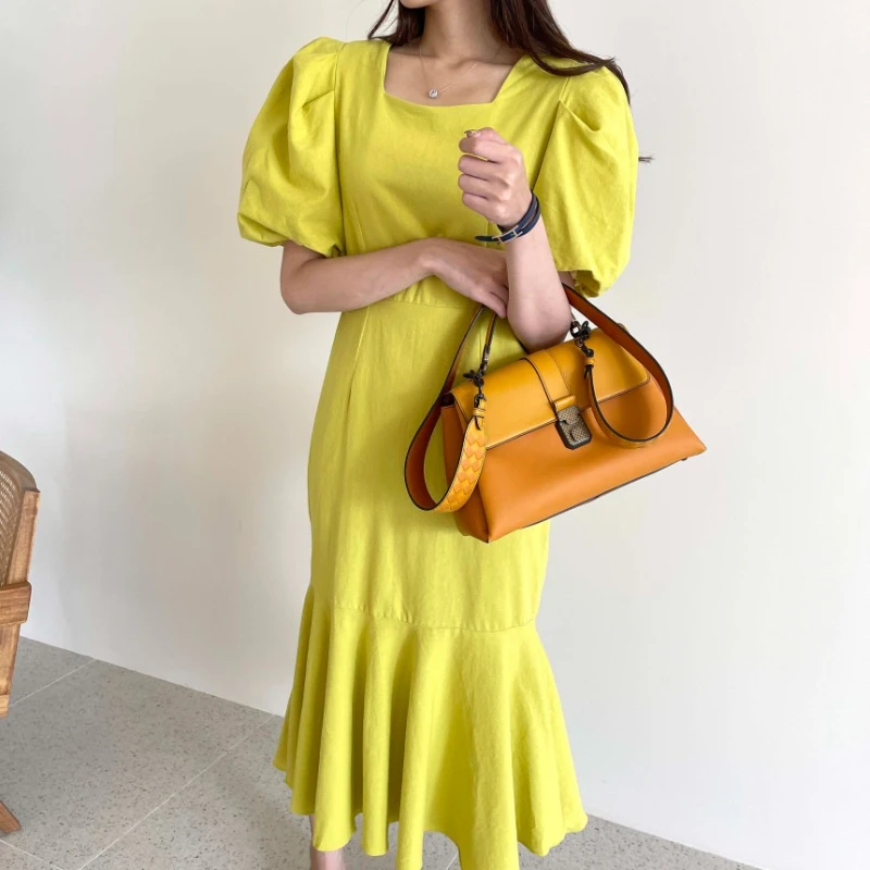 فستان كوري أنيق صيفي برقبة مربعة أنيق بتصميم ربط خلفي فستان حورية البحر للنساء لون نقي فستان ميدي عتيق