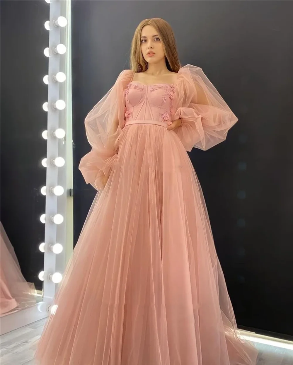 Hot Pink A Line Tulle Prom Dresses Puff Long Sleeves 3D Flowers Women Evneing Formal Gowns Outfits Event Party Gowns Customized