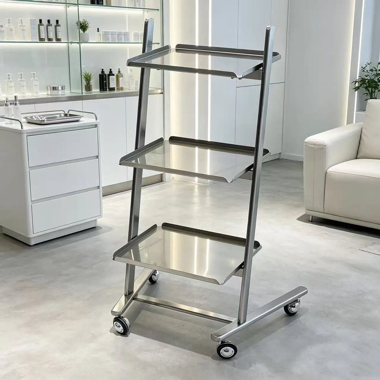 Stainless Steel Salon Trolley, Rolling Folding Cart for Haircuts, Perms, Coloring, Beauty Services, 4 Tier Organizer
