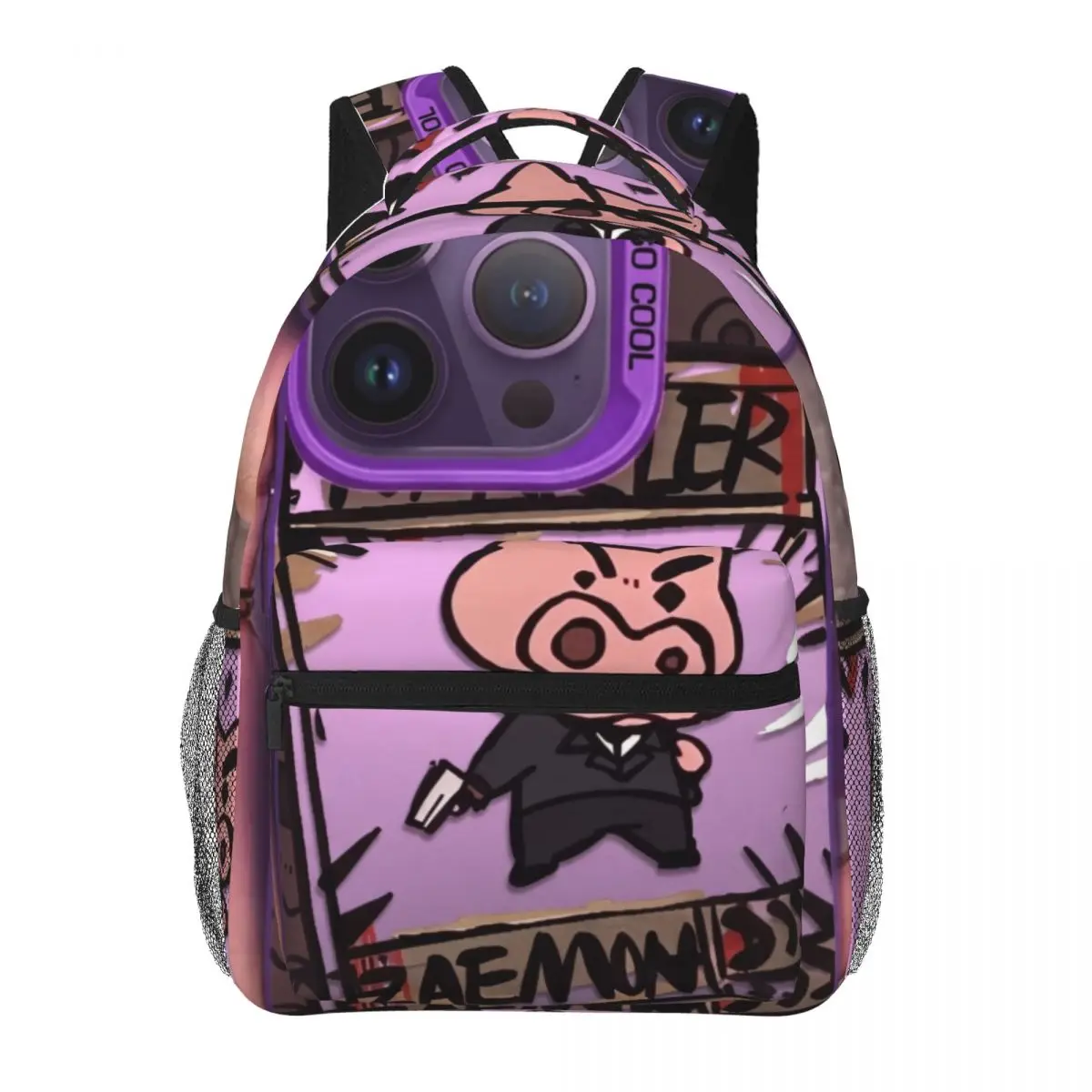 Lilac Cute Student Backpack Center Pig Suit Whimsical Illustration Deep Purple Pink Black White Daypack for School Daily Holiday