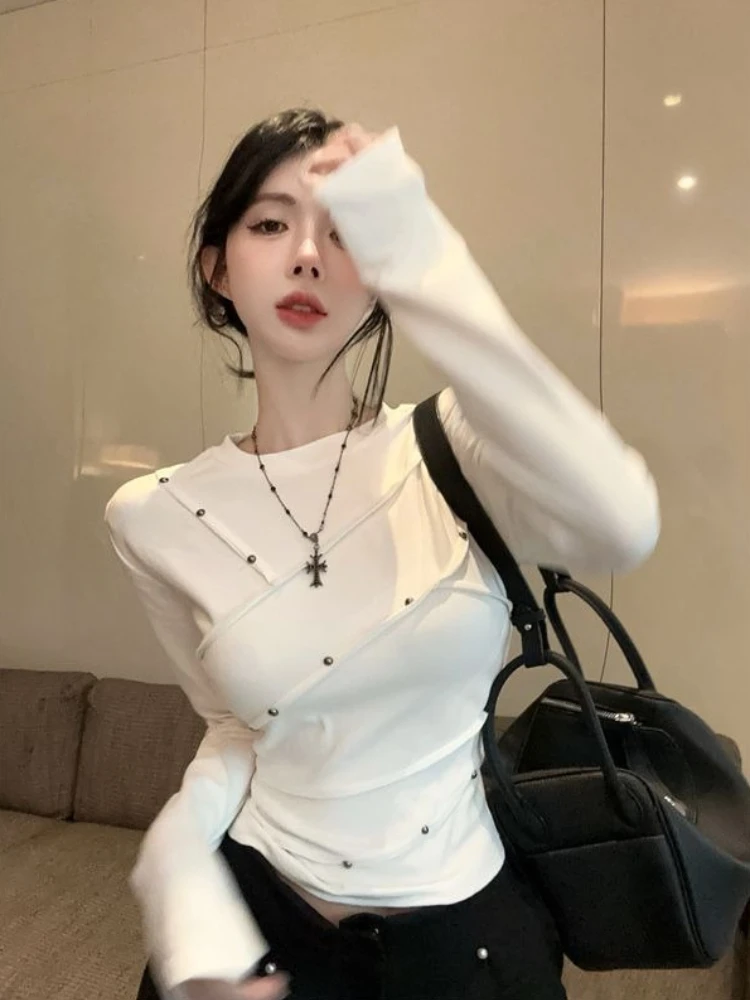Studded Long Sleeved T-Shirt Women's AW Cropped Pad Shoulder Solid Chic Spicy Innerwear Trendy Ultra Soft Innerwear