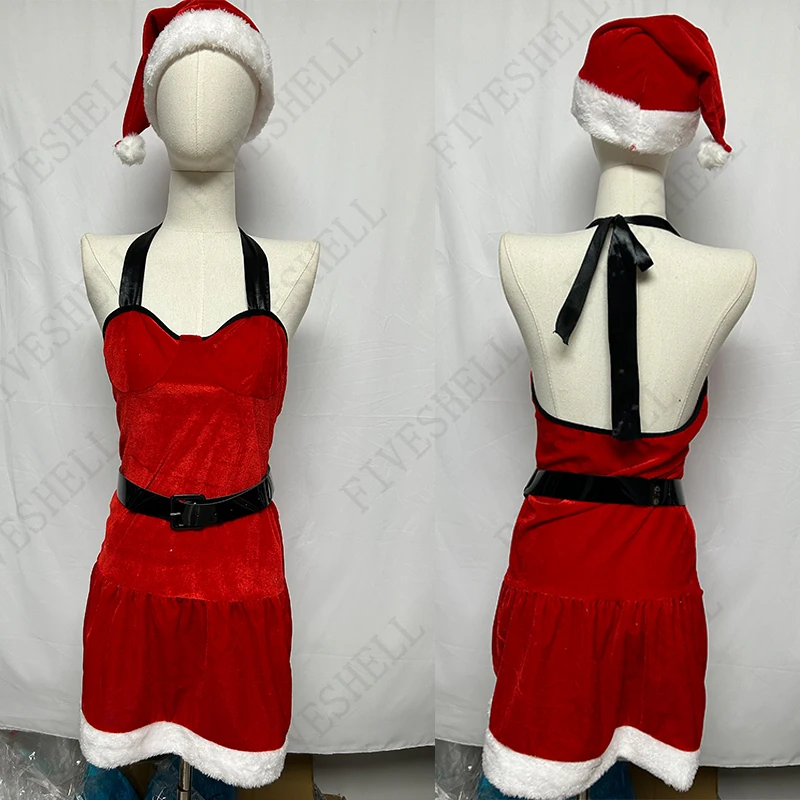 2024 Women Christmas Dress Party Halter Back Mesh Dress Red Velvet Bodysuit with Hat Santa Cosplay Sexy Costume Xmas Set