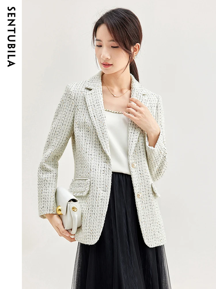 

SENTUBILA Women Sequins Tweed Blazer Jacket 2025 Autumn Elegant Long Sleeve Tailoring Coat Office Lady Outerwear 133X51279