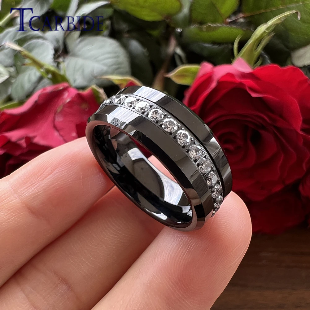 TCarbide 8mm Bright Cubic Zirconia rhinestones Tungsten Carbide Ring for Men Women Fashion Engagement Wedding Band Polish Shiny