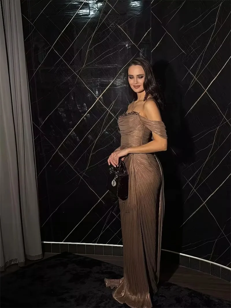 Brown Sparkly Pleated Mermaid Formal Gown Off Shoulder Beaded Floor Length Dress For Women Wedding Banquet Prom Party
