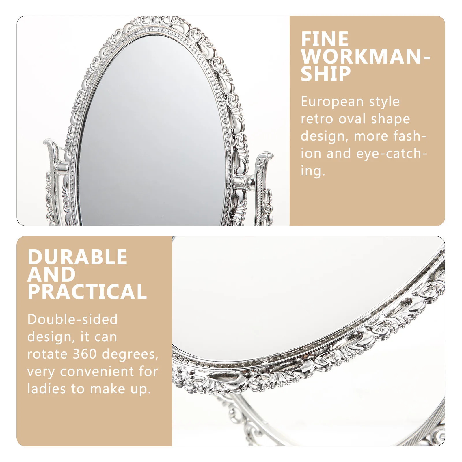 

1Pcs Double Sided Mirror European Retro Oval Desktop Makeup Mirror Silver for Bathroom Bedroom Decoration