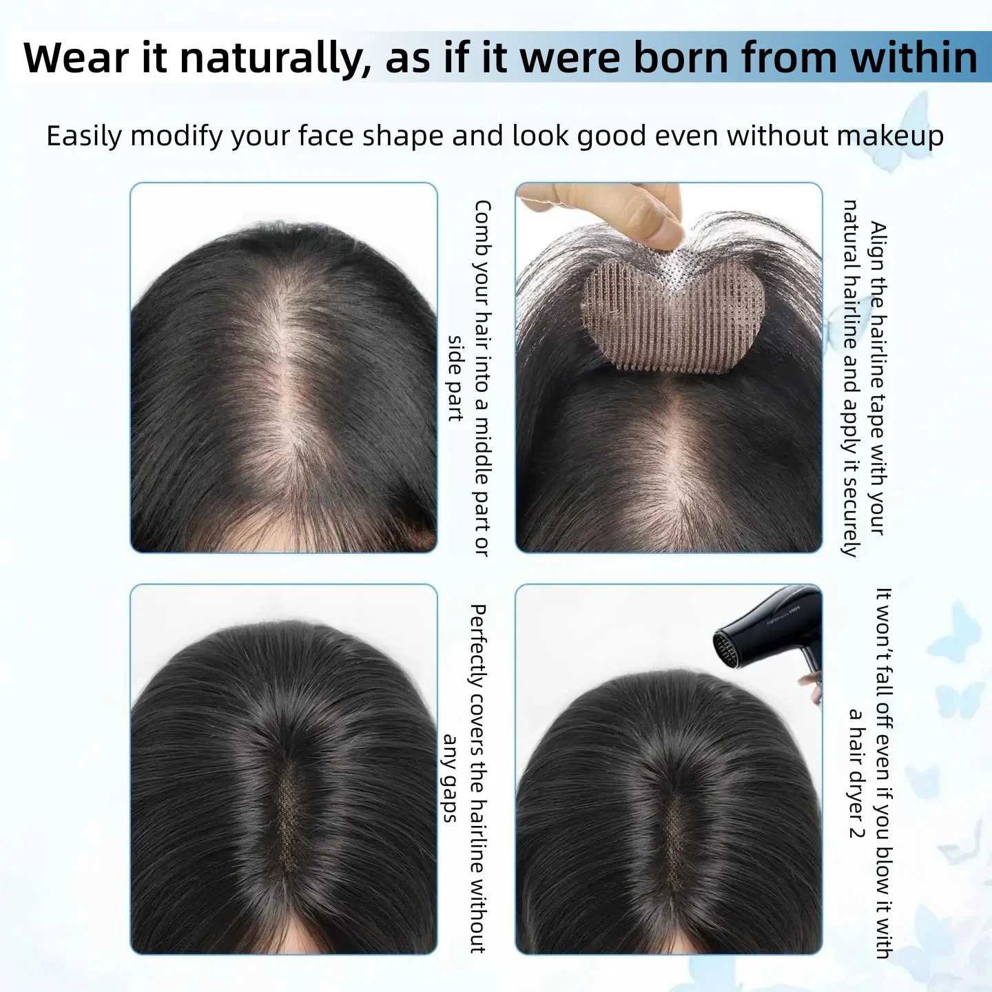 Invisible Human Hair Topper With Bangs Magic Tape Design Handmade Forehead Hairline Lace No Clips Fringe Piece New Style