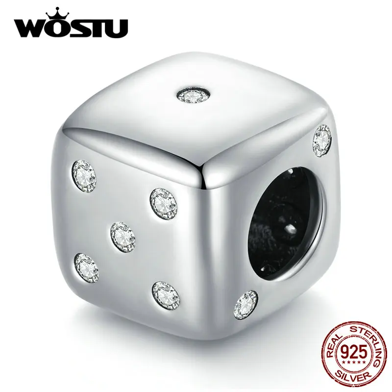 WOSTU Real 925 Sterling Silver Lucky Dice Beads Square AAA Shiny Zircon Charm Fit Original Bracelet Bangle DIY Jewelry Making