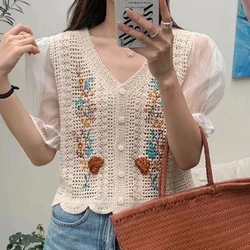 Women Crochet Top with Chiffon Sleeve V-Neck Button Down Embroidery Floral Blouse Open Knit Cardigan Spring Summer Fairycore