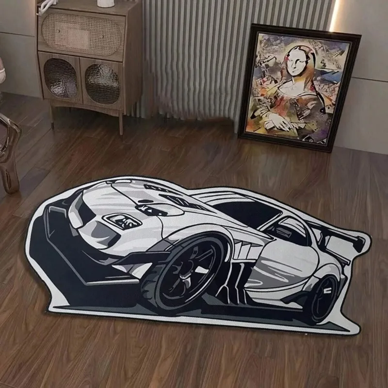 

White Sports Car Pattern Polyester Decorative Carpet Ins Style Anti-Slip Bottom And Unique Shape Detail Home Decoration