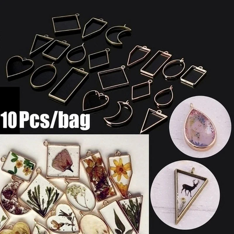 10 Pcs/Set Geometric Metal Pendant Frame Set DIY Pendant Making Epoxy UV Crystal Mold for Jewelry Necklaces