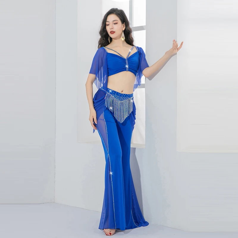 

belly dance practice clothes set sexy V-neck top+tassel flared pants 2pcs women's Oriental dance professional training suit