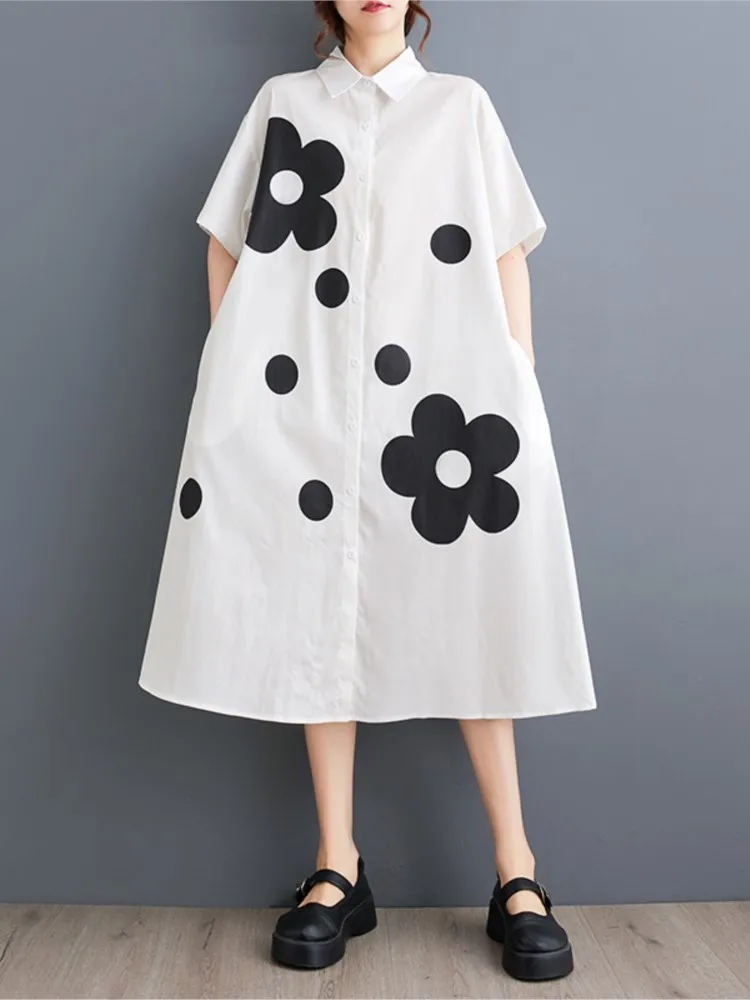 Oversized Summer Midi Shirt Dress Women Flower Polka Dot Print Fashion Casual Ladies Dresses Loose Ruffle Pleated Woman Dress