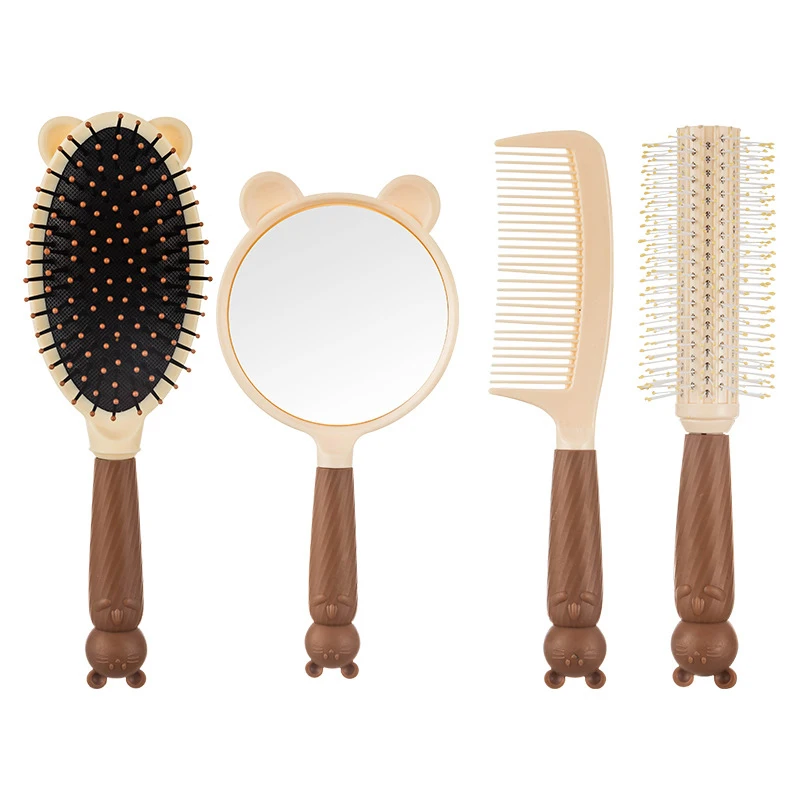 Makeup Mirror Hairbrush Set Tangle-Free Head Massage Knotless Cute Beer Four-Piece Handheld Mirror Comb Set Home Supply