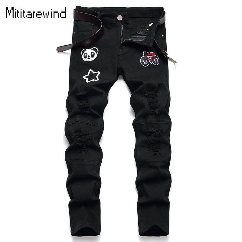 

Four Seasons New Black Jeans Men High Street Ripped Jeans Chapter Pattern Micro Stretch Skinny Jeans Youth Fashion Denim Pants