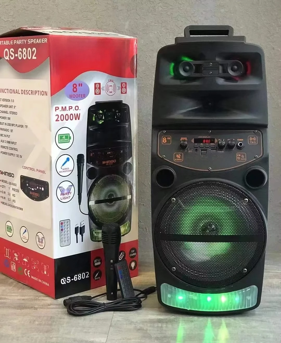 QS6802 8 Inch Outdoor Portable Trolley Speaker DJ Speaker System with Led Light KIMISO Bluetooth Speaker