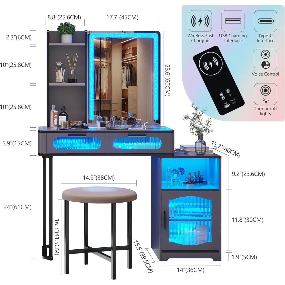 Vanity Desk with Mirror and Lights, Makeup Vanity with Voice Activation & Wireless Charging, Dressing Table with Lighting Mirror