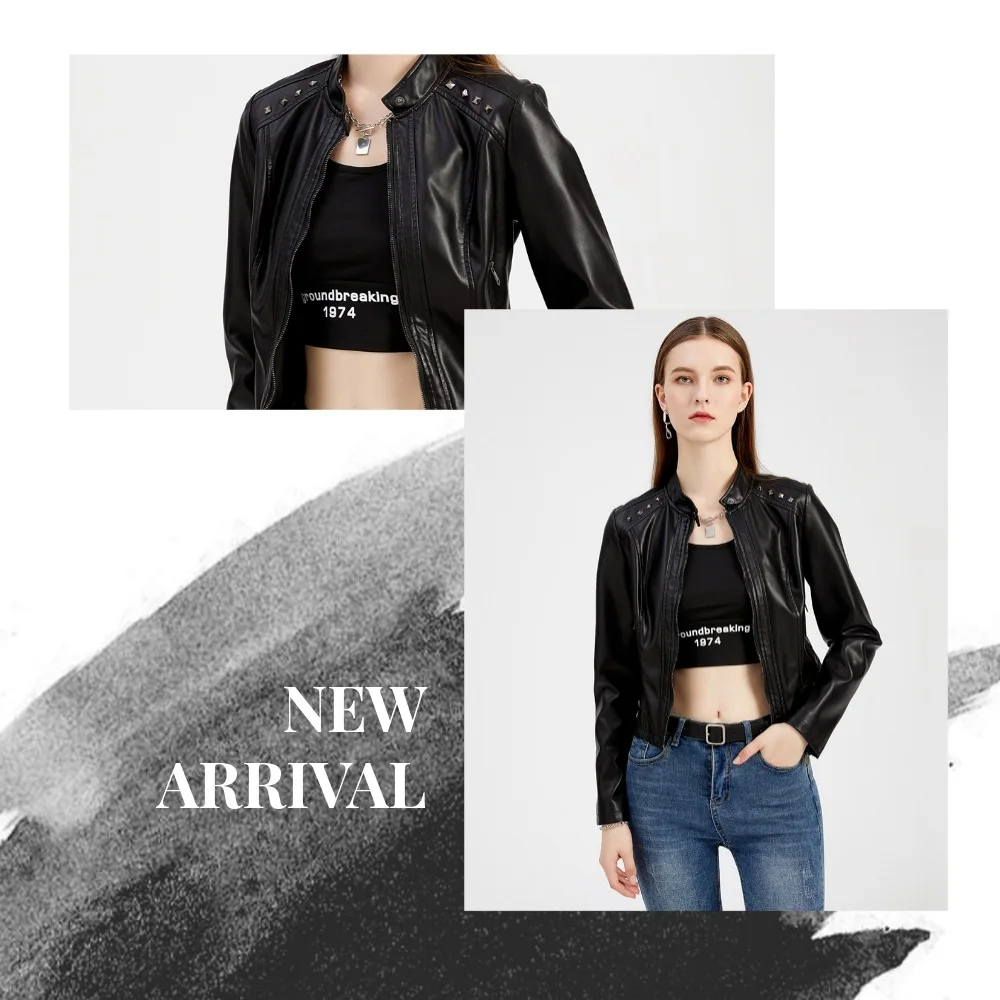 Women's Rivet PU zipper Leather Coat, Black Motorcycle Jacket, Standing Collar, Korean Punk Rock Fashion, Autumn and Winter