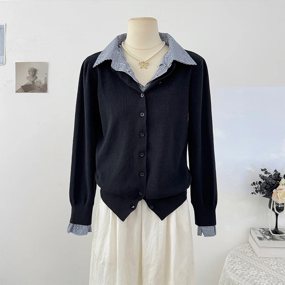 

Patchwork Design False Two Piece Knit Cardigan Lapel Collar Sweater Minimalist Korean Style Top Womens Clothing Tops