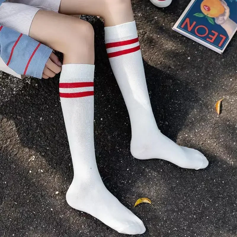 Sports Style Calf Socks Japanese Korean Student JK Stripe College Style Girl Cotton Socks Pile Up Socks Baseball Stockings