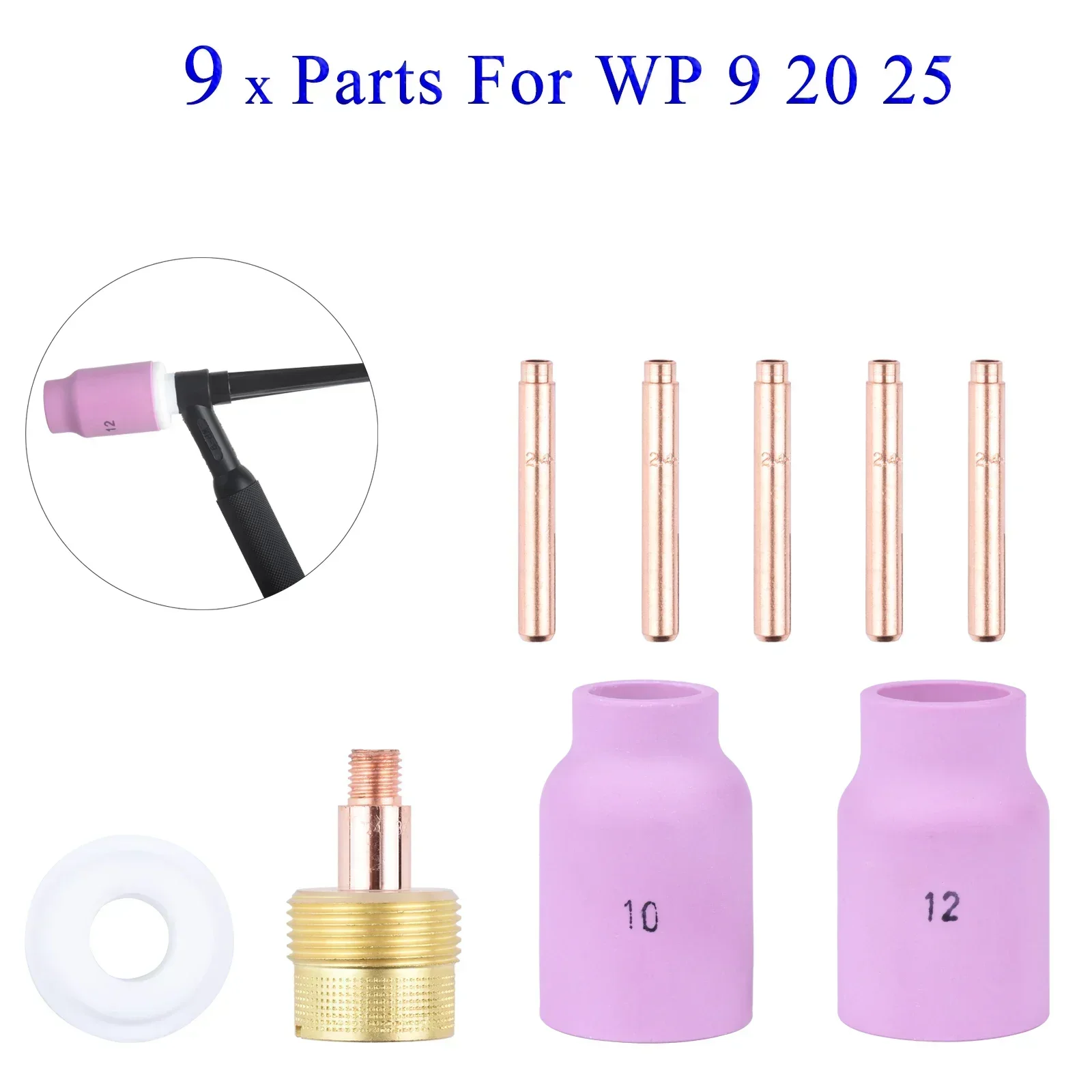 9Pcs TIG Welding Torch Large Long Gas Lens & Alumina Cup For WP9 WP20 WP25 TIG Collet Bodies Spares Kit Practical Accessories