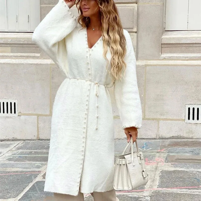 Fashion Beading Decoration Long Sleeve Fur Overcoat Autumn Winter New Solid Color Commute Jumpers Temperament Lady V-neck Coat
