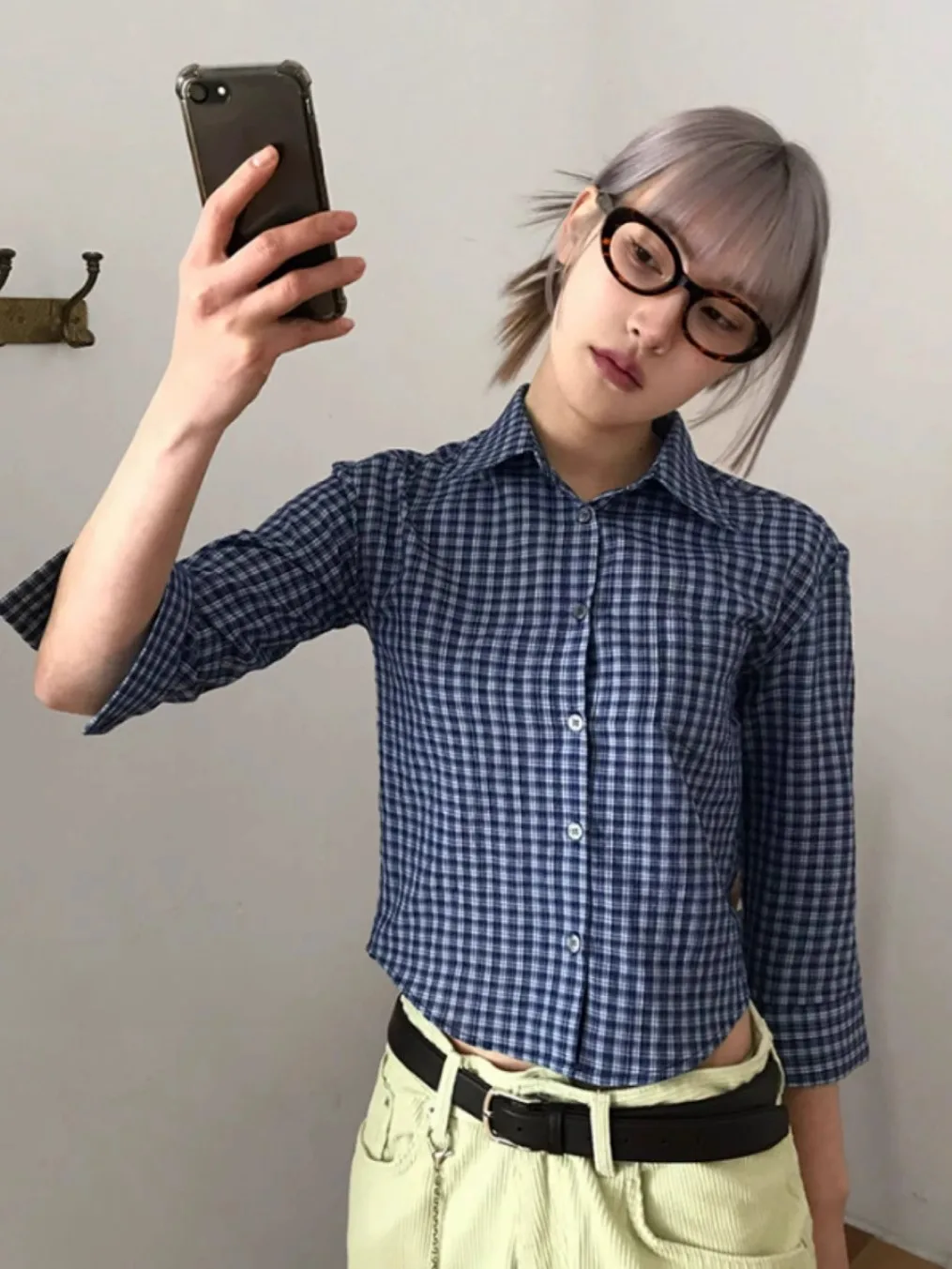 Genayooa Y2k Camicia a quadri Donna Tre quarti Camicia casual Giapponese anni 2000 Grunge Top Streetwear Camicia estiva Stile coreano