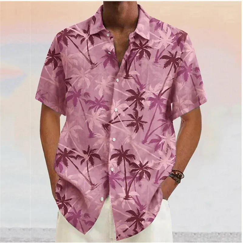 Men\'s Shirts 2024 Coconut Tree Print Lapel Button Down Shirt Red Hawaiian Short Sleeve Fashion Designer Casual Soft 7 Colors Sum