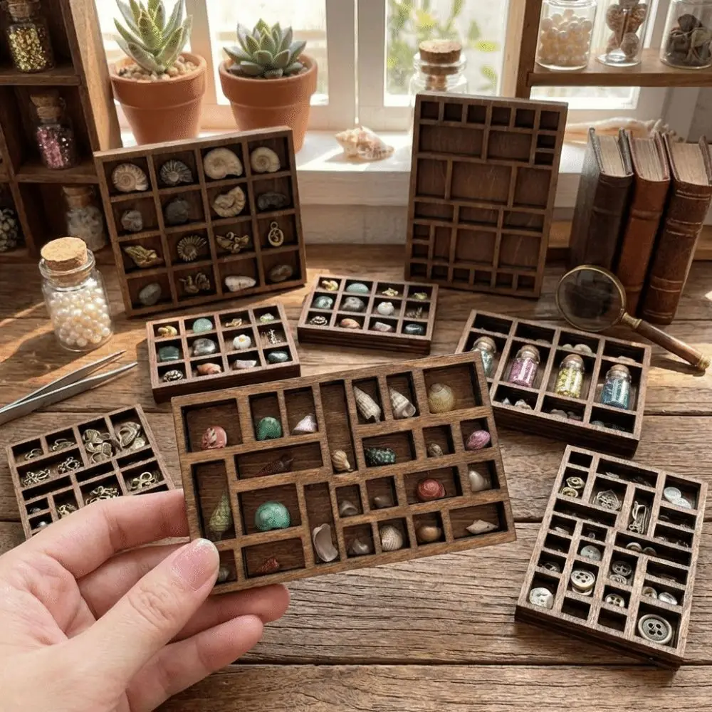 Wooden Mini Jewelry Holder Miniature Crystal Multi Compartments Jewelry Display Tray Ore Specimen Storage Goods Display Rack