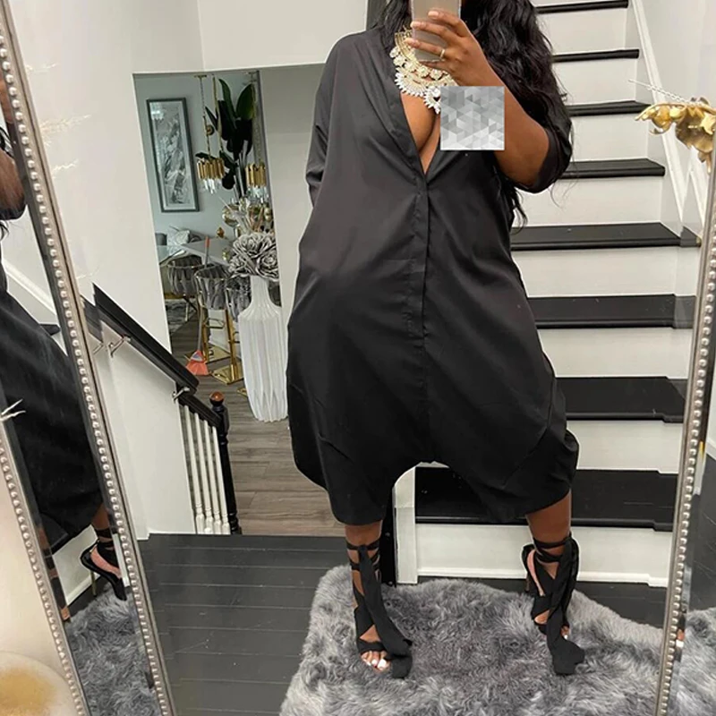 

OMSJ Black Button Up Half Sleeves Turn-down Collar Loose Fitting Casual Fashion Jumpsuits Calf Length Pants 2025 Chic Streetwear