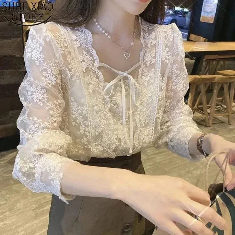 프렌치 스퀘어 칼라 살구색 화이트 레이스 블라우스, 캐주얼 루즈핏 상의, 스위트 퍼프 긴팔, 레이스업 셔츠, 가을 신상, 17442