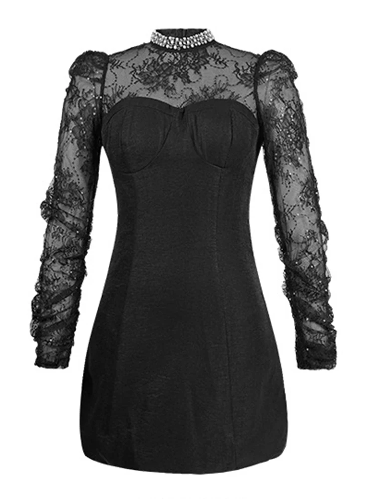 فستان نسائي فرنسي مثير للحفلات أنيق أسود لامع ترتر الماس واللؤلؤ الشفاف من الدانتيل فستان صغير نسائي رسمي Galas Vestido